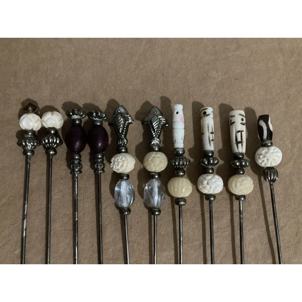 Vtg MCM 2-tine Sword Hors D'oeuvre Appetizer Cocktail Forks Picks Set Of 10